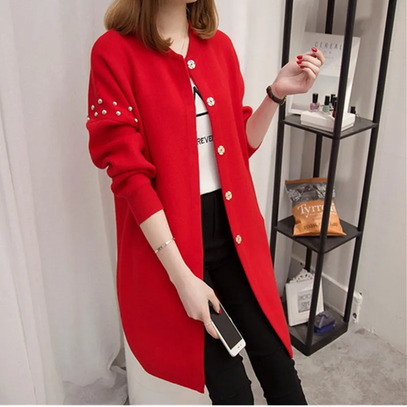 Женский кардиган средней длины однотонный свободный свитер с круглым вырезом и