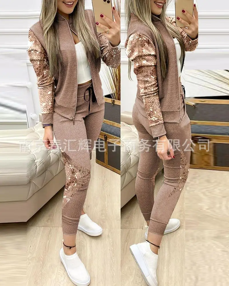 

European and American sequin stitching suit ladies two-piece autumn and winter