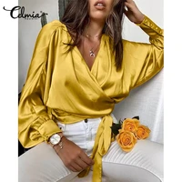 celmia women satin blouse cross sexy v neck elegant long bat sleeve fashion wrap shirts 2021 autumn bandage waisted party tops