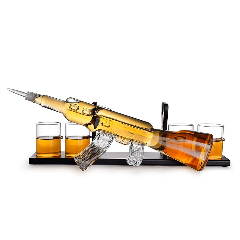 AK47 Gun Shape Whisky Glass Wine Container Decanter Set Drinking Vessel With 4 Cups 1 Pine Wood Support | Дом и сад