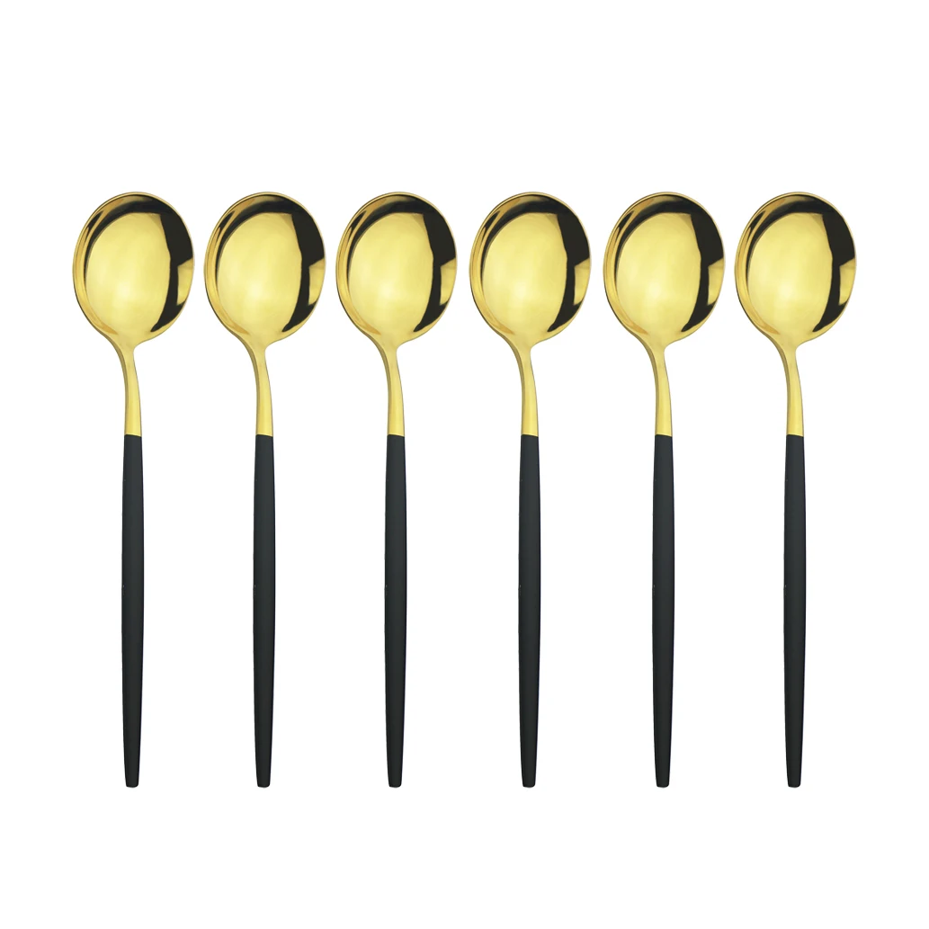 6Pcs/Set Black Gold Tea Spoons Set Stainless Steel Soup Spoo