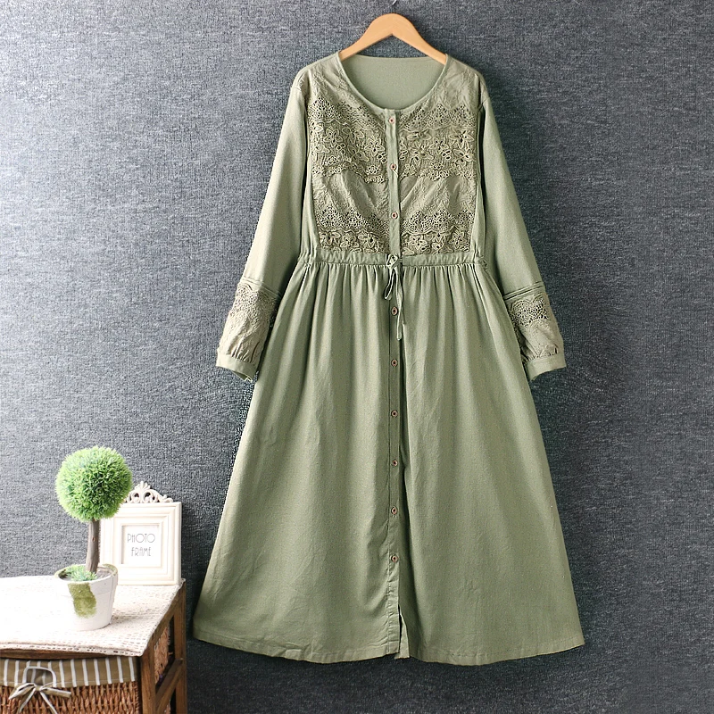 

New Spring Women Dress solid hollow stitching long sleeve casual loose dress
