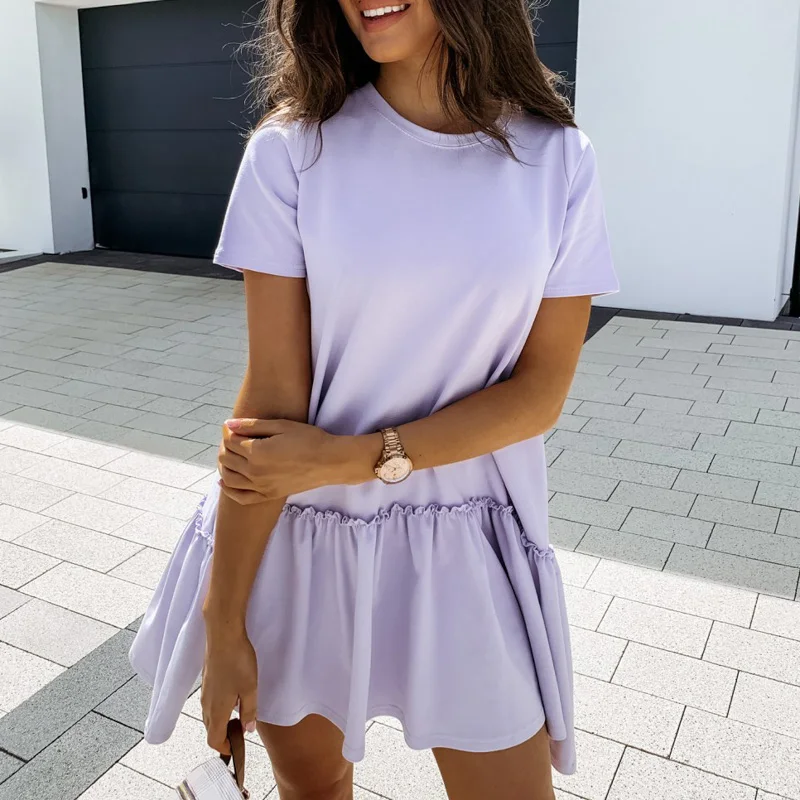 Повседневное женское платье KAMUCC с круглым вырезом и оборками однотонное