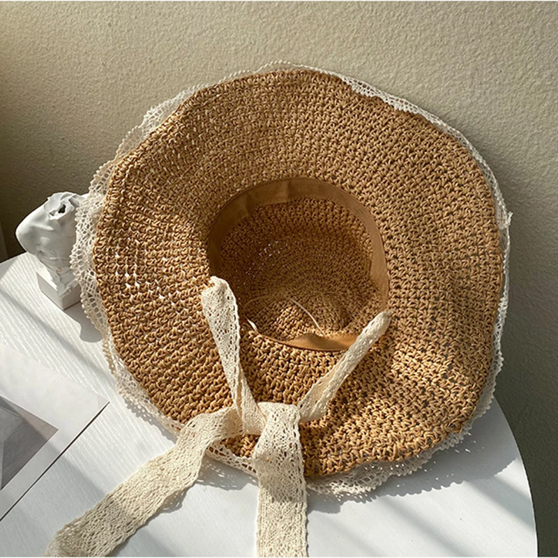 

smaiao Fashion Handmade Straw Hat Women Summer Breathable Lace Hollow Sun Hat Panama Boater Floppy Bucket Cap Female Beach Hat