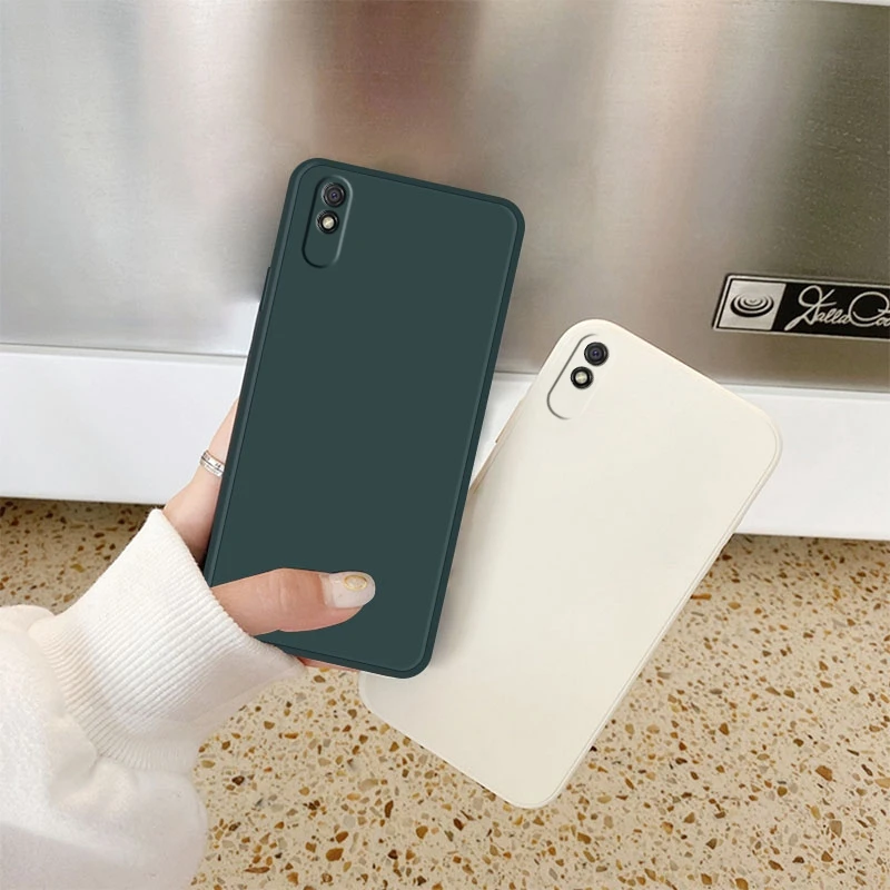 

Luxury Straight Edge Square Liquid Silicone Phone Case For Redmi 9A 9 Ultra-thin Soft TPU Bumper Protective Back Cover Fundas