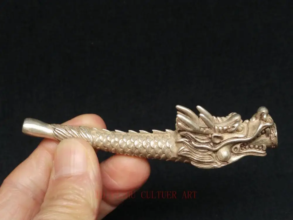

YIZHU CULTUER ART Collection Ancient China Tibet Silver Carving Force Dragon Tobacco Pipe Decoration