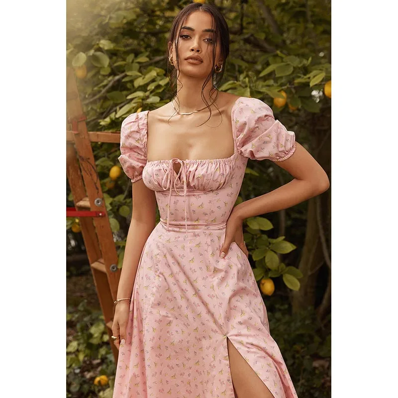 

Harajuku Summer Casual Slim Sexy Split Puff Short Sleeve Women Floral Print Party Dress French Vestido 2021 Femme Robe F375 F376