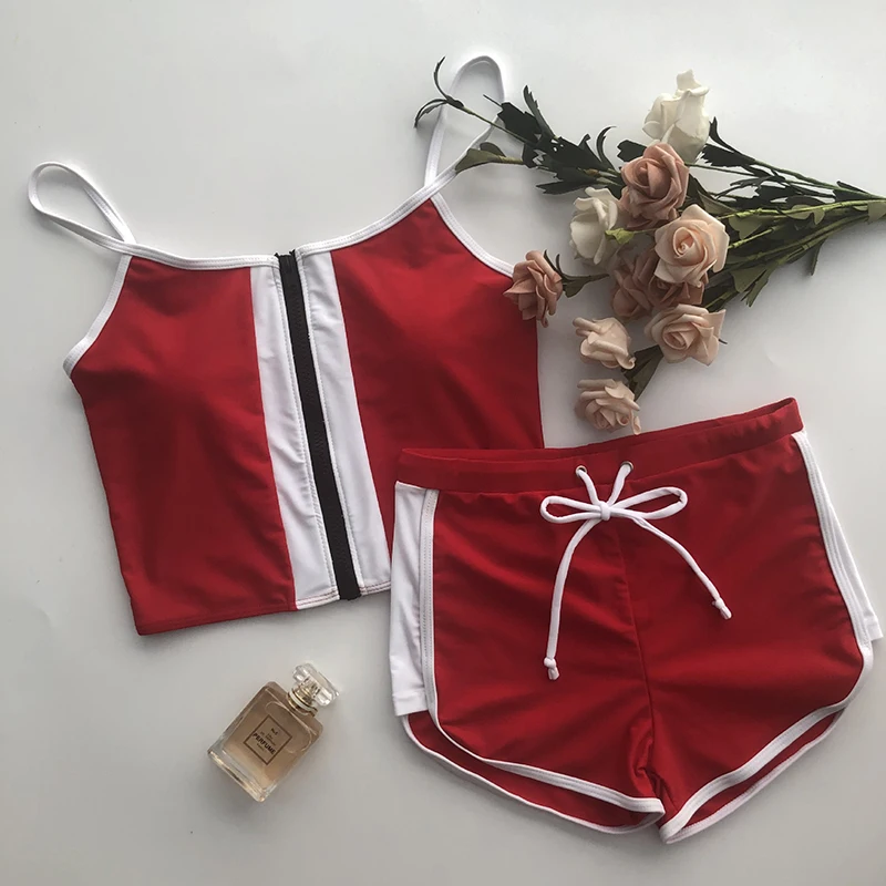 

New Swimwear Women Swimsuit Two Pieces Push Up Bathing Suit Sport Casual Tankinis with Shorts Mujer Zipper Swim Suits Trunks Red