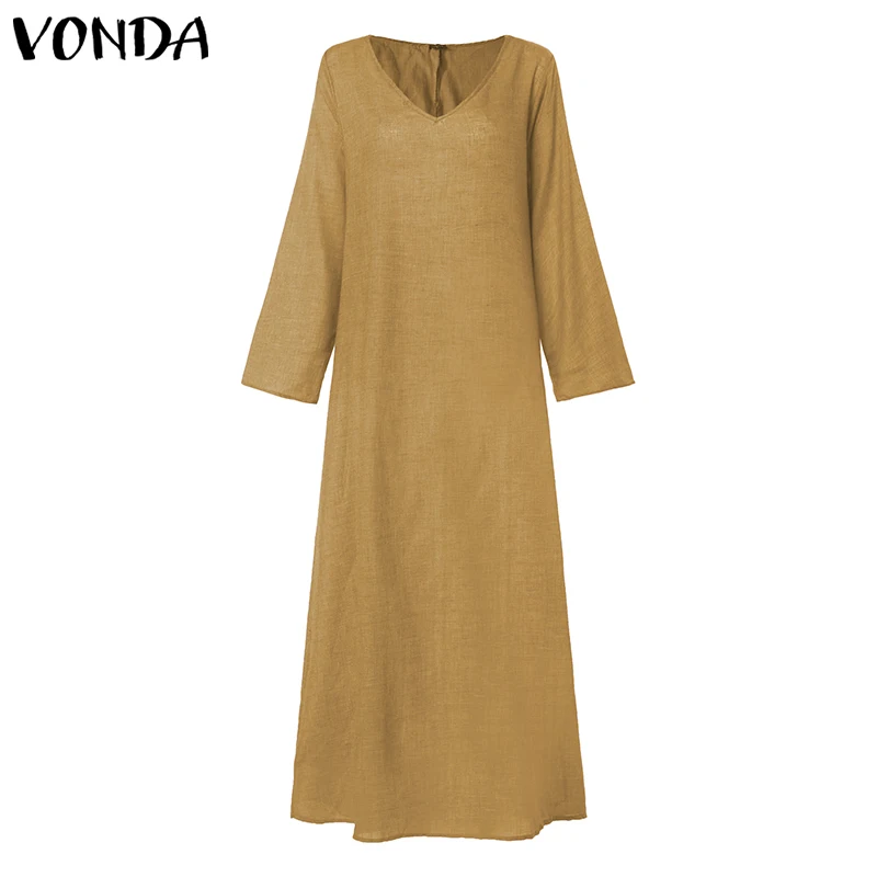 Yellow VONDA женское богемное длинное платье макси, повседневное свободное пляжное платье с длинным рукавом, Осенние вечерние платья, винтажное платье для женщин размера плюс - Цвет: Yellow