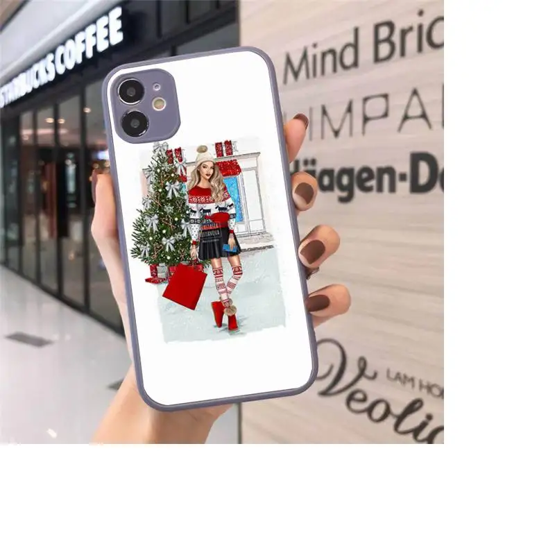 

Merry Christmas Brown Hair Girl Phone Case Matte transparent For Gray iPhone 12 Mini 11 Pro XR XS Max 7 8 Plus X Back Cover
