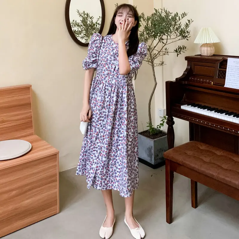 

2021 Summer Korean Style Green Purple Flower Empire Dresses Women Puff Short Sleeve Calf Length Single-Breasted O-Neck Robe New
