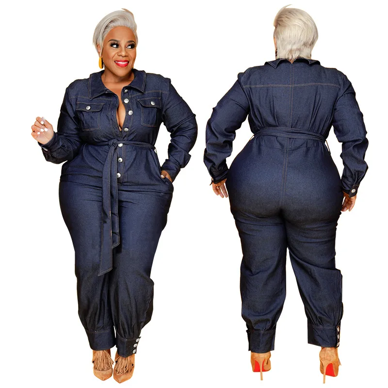 

Denim Jumpsuit Women Skinny Female Long Sleeve Body Femme Sexy One Piece Rompers with Button Body Femme Work Office Plus Size