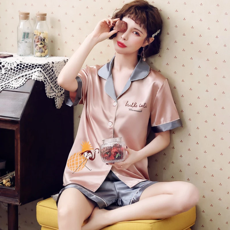 

Новинка весна-лето 2020, Женский пижамный комплект из искусственного шелка, простое однотонное ночное белье для отдыха, одежда для сна с корот...