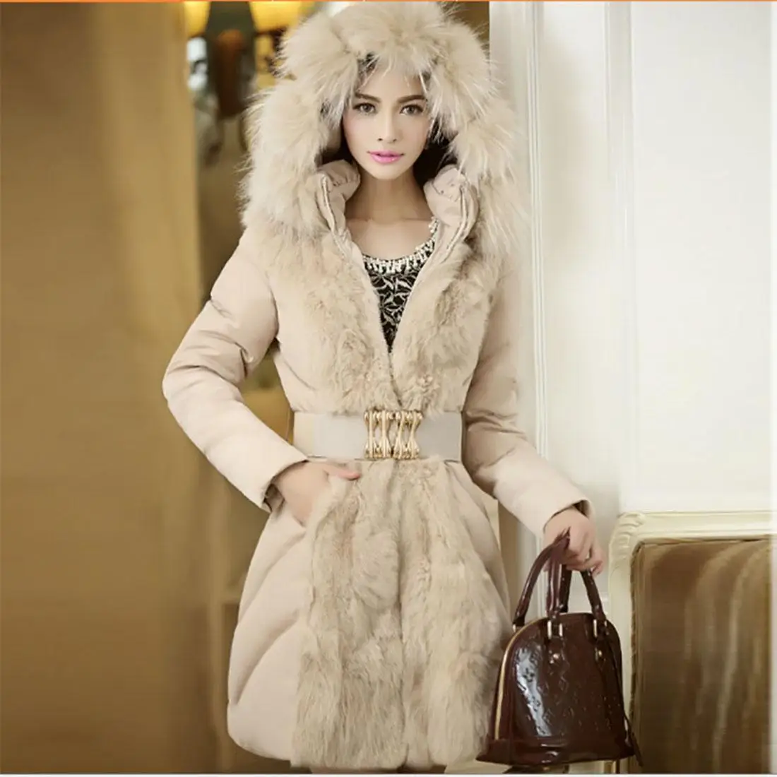 Парка женская с мехом тонкая толстовка длинное Дешевое пальто поясом брендовая