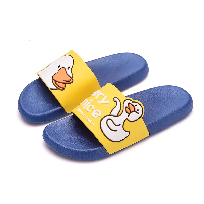 Duck Blue Yellow Летние домашние тапочки для девочек и мальчиков; детская пляжная обувь с единорогом и медведем; нескользящие Вьетнамки для ванной комнаты; шлепанцы для плавания - Цвет: Duck Blue Yellow