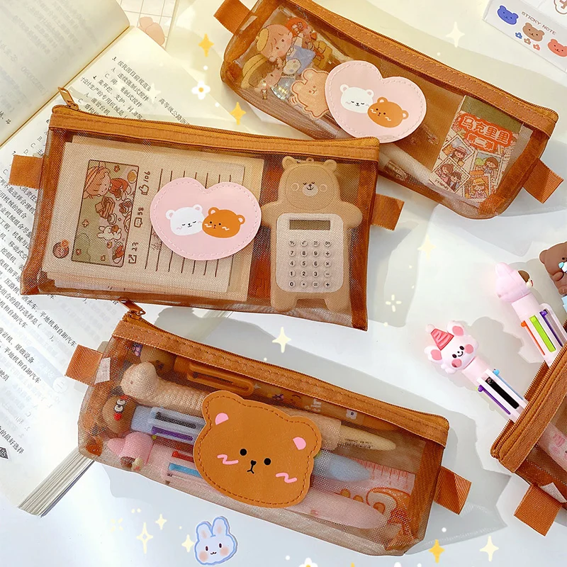 Прозрачный сетчатый чехол для карандашей милые коричневые чехлы с медведем