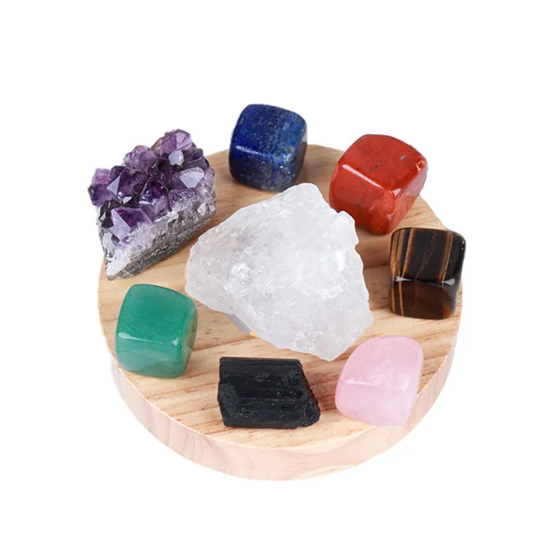 

Healing crystals gemstone natural 7 chakras LED Wooden lamp holder for gifts