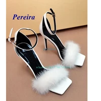 square toe mink fur sandals patent leather buckle strap stiletto black white high heels women shoes summer elegant newborn sexy