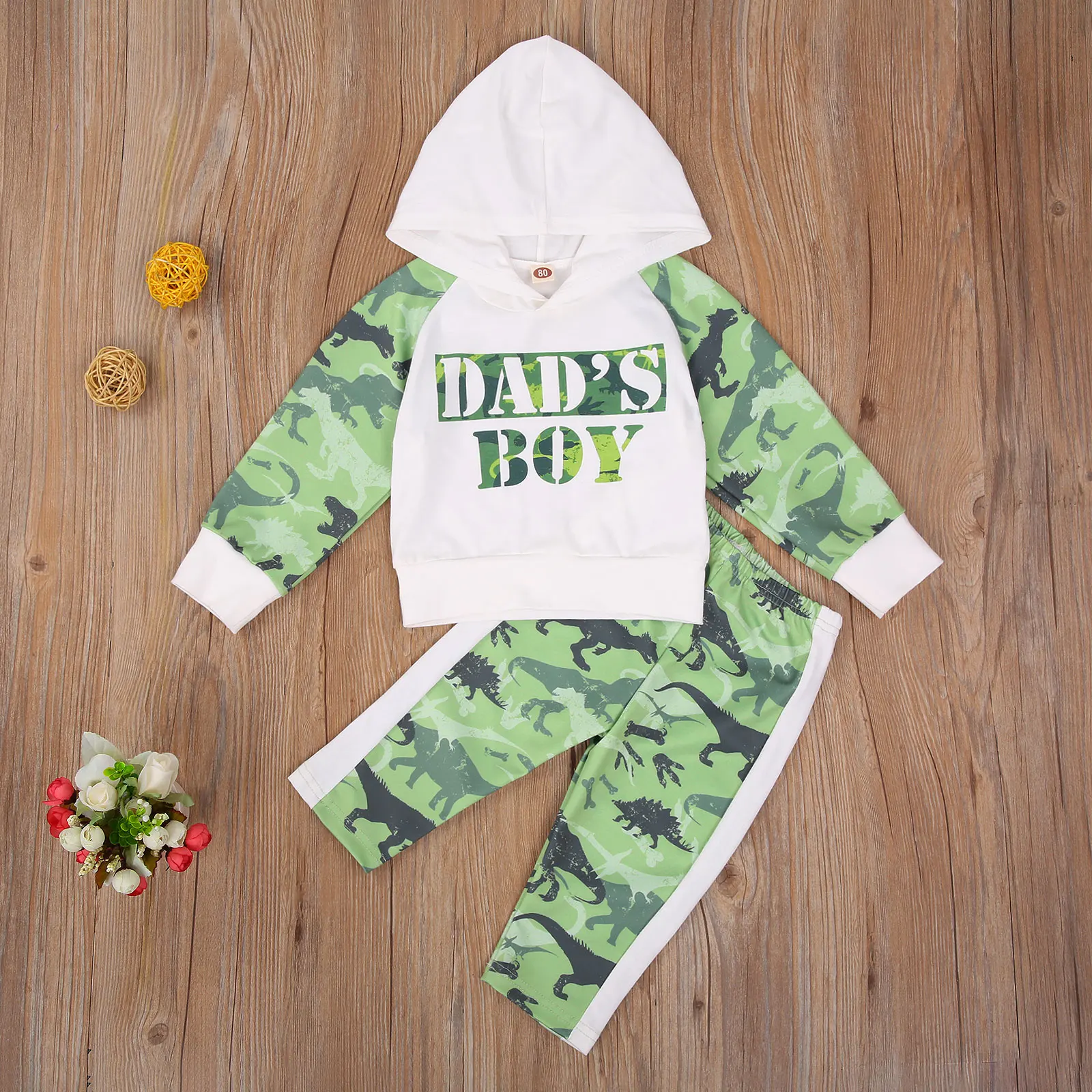 

2020 Toddler Boys 2 Pieces Set Kids Baby Boy Dinosaur Print Long Sleeve Hooded Top and Trousers Spring Autumn Clothing Suit 0-3Y