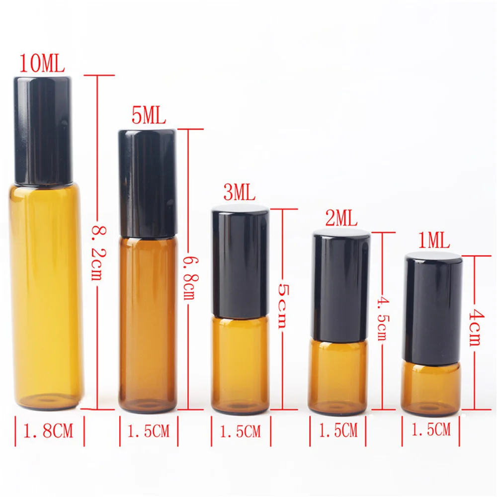 

50Pcs 1ml 2ml 3ml 5ml 10ml Amber Thin Glass Roll on Bottle Sample Test Essential Oil Perfume Vials with Black Roller Metal Ball