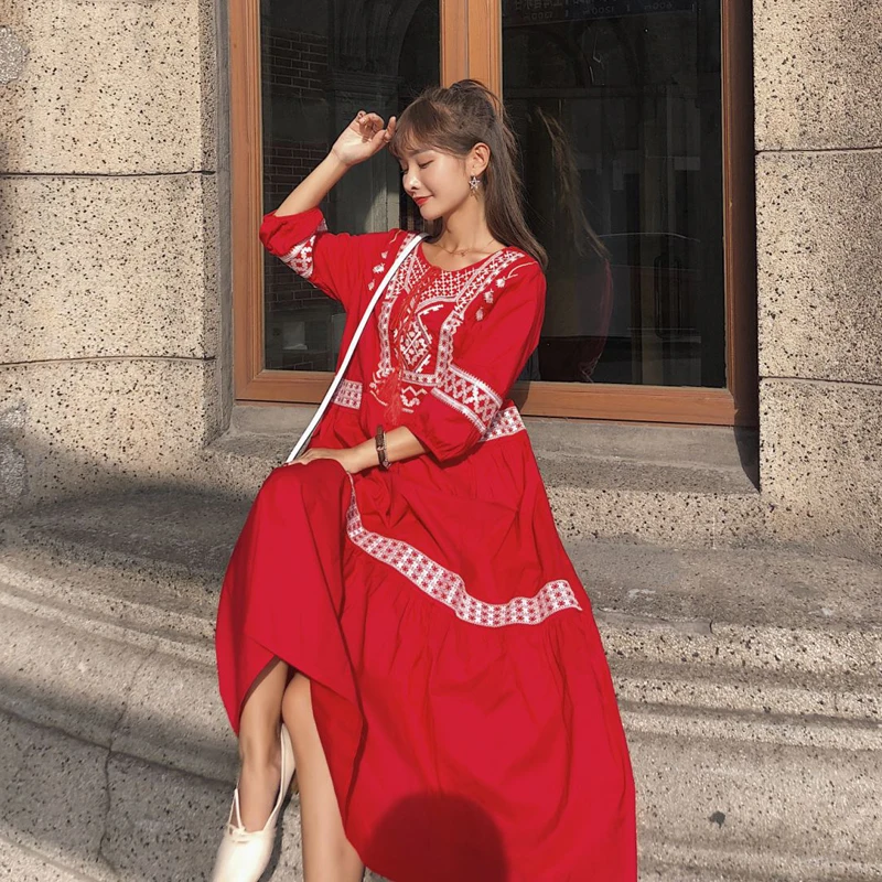 

2021 Women Dress Indie Flok Vintage Woman Dresses Short Sleeve Women Clothing Red Vestidos Embroidery Vestido De Mujer WPY2308