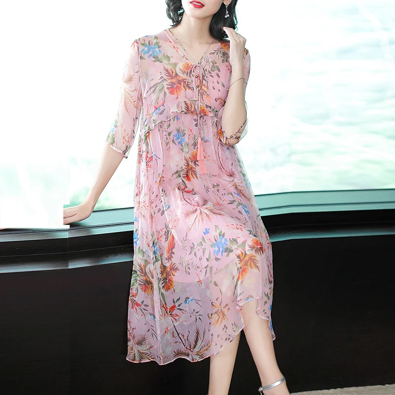 

Элегантное шифоновое женское длинное платье с оборками и цветочным принтом, летнее сексуальное платье с v-образным вырезом размера плюс, ве...