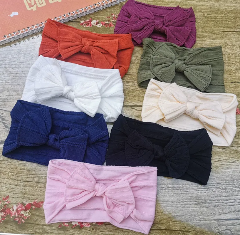 

Повязка на голову для новорожденных, нейлоновая повязка на голову в рубчик, широкая, Детская повязка на голову с бантиком