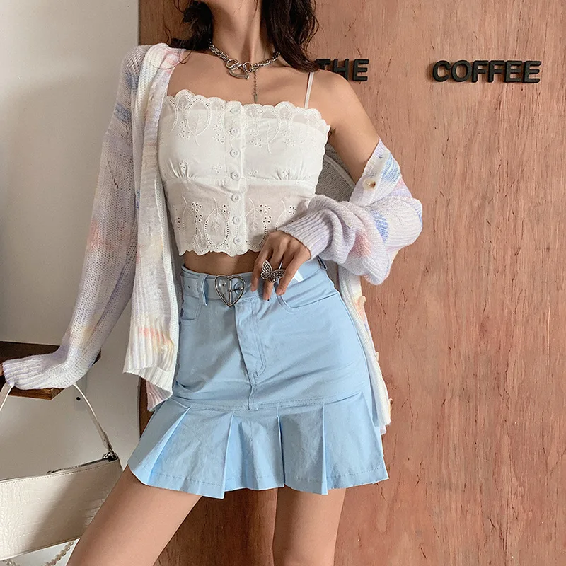 

Y2K Sweet Crop Cami Tops Women Sexy Square Neck Spaghetti Strap Button Down Slim Fit Lace Vest Backless Milkmaid Top for Girls