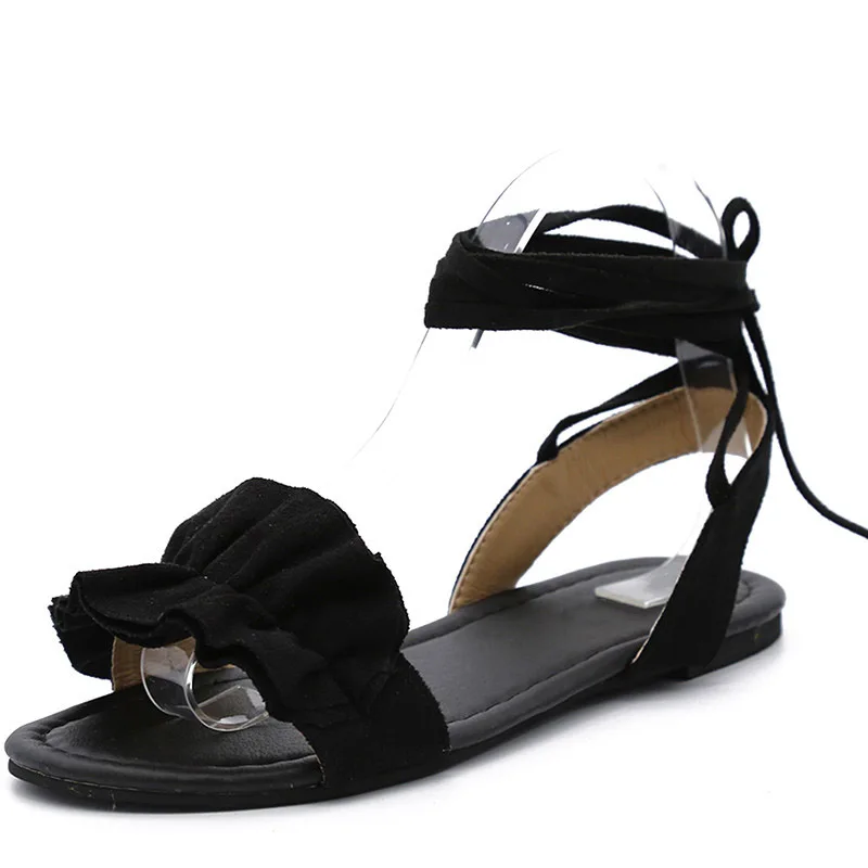 

Sexy lace up woman summer sandals cross-tied gladiator Zapatos Mujer sapato ladies women flats casual shoes beach ruffle flower