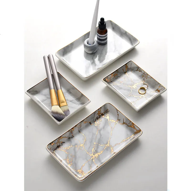 Nordic Home Accessories Ins Popular Gold Inlay Decorate Plate Marble Stripe Ceramic Jewelry Tray Storage Dessert | Дом и сад