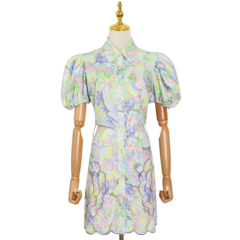 

Niche Design Summer 2021 open waist single breasted Lapel print bubble sleeve short Hip Wrap Dress