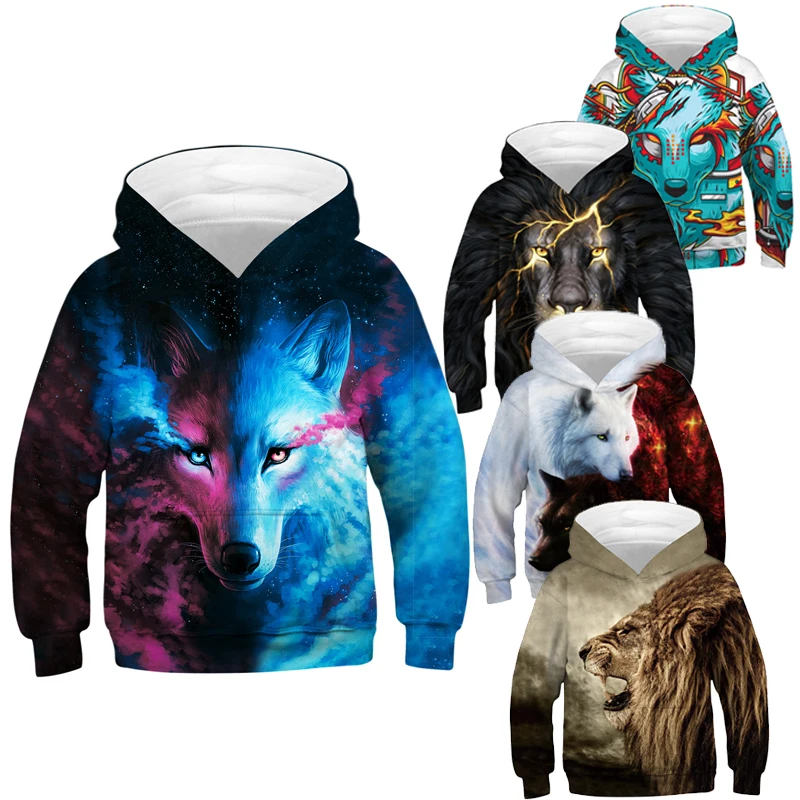 Детский свитшот с 3D изображением волка Детская толстовка капюшоном для