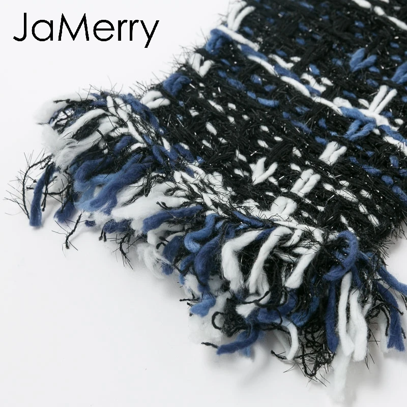 JaMerry Vintage winter plaid knitted women office cardigan coat Autumn female warm navy blend blazer Tassel jacket outwear mujer