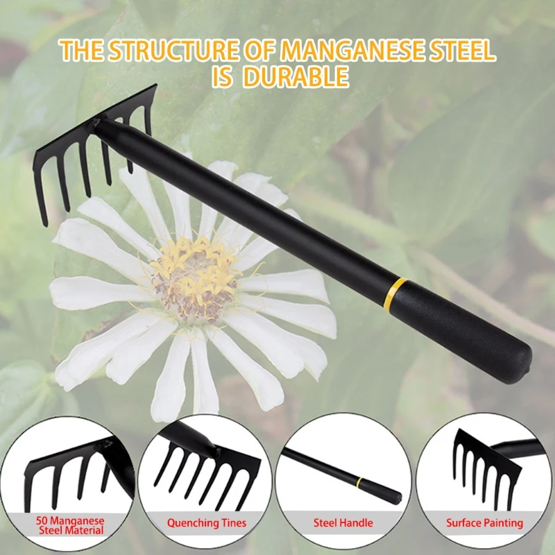 

6 Tines Metal Garden Cultivator Rake Small Tiller Tools Garden Tool Set Garden Hand Rake Manganese Steel Rake