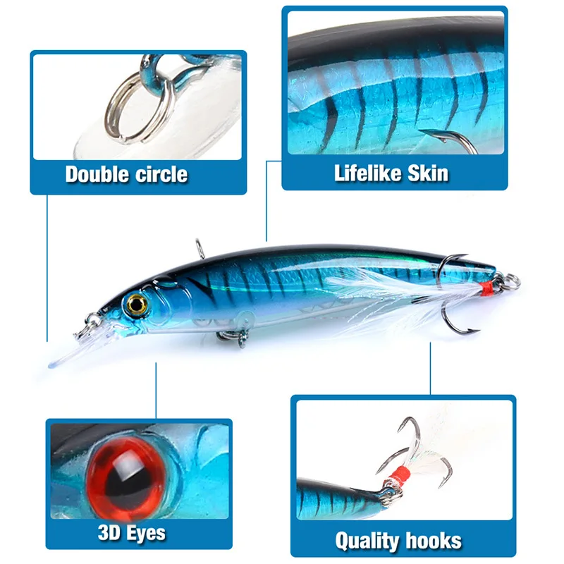 1Pcs Laser Minnow Hard Fishing Lures 90mm 7g Floating Wobbler Crankbait Artificial Plastic Baits With Feather Hooks Isca Pesca
