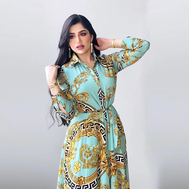 Long Sleeve Print Muslim Dress Women Ethnic Kaftan Collar Shirt Dress Abaya Dubai Caftan Marocain Evening Dresses Djellaba Femme