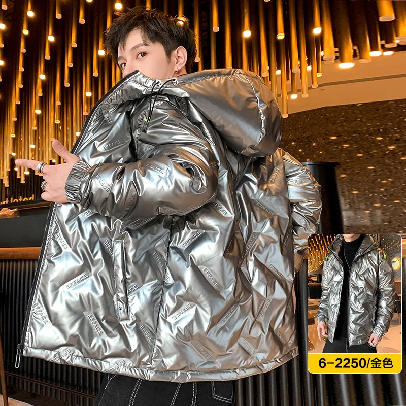 

Glossy down jacket men's 2021 autumn and winter short thickened plus velvet disposable silhouette handsome lightweight jacket tr