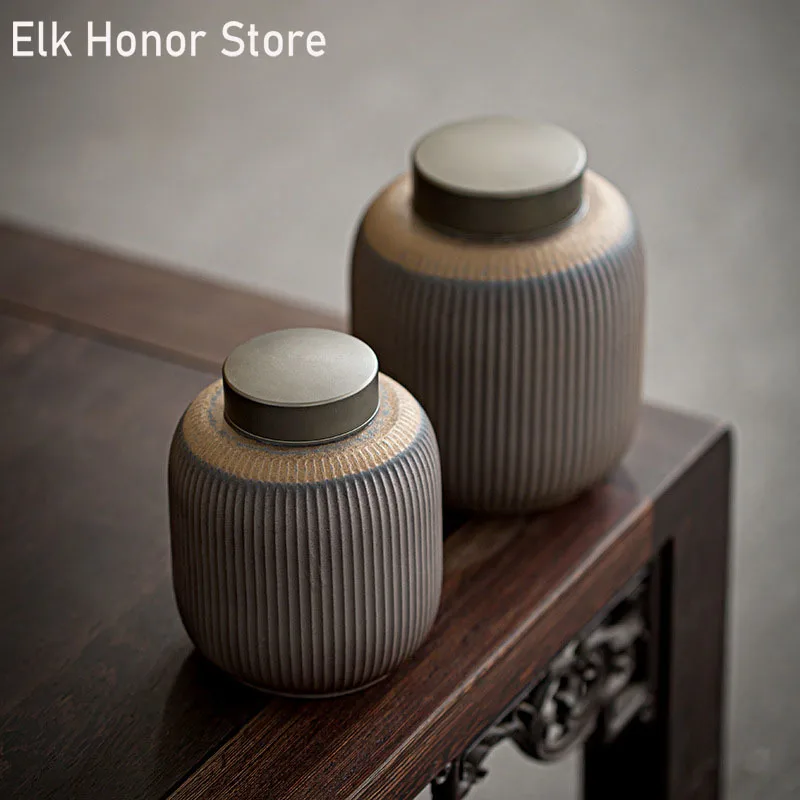 

Грубая керамика позолоченный полосатый чайник запечатанный горшок влагостойкий горшок для хранения бытового чая Pu'er влагостойкий чайный с...