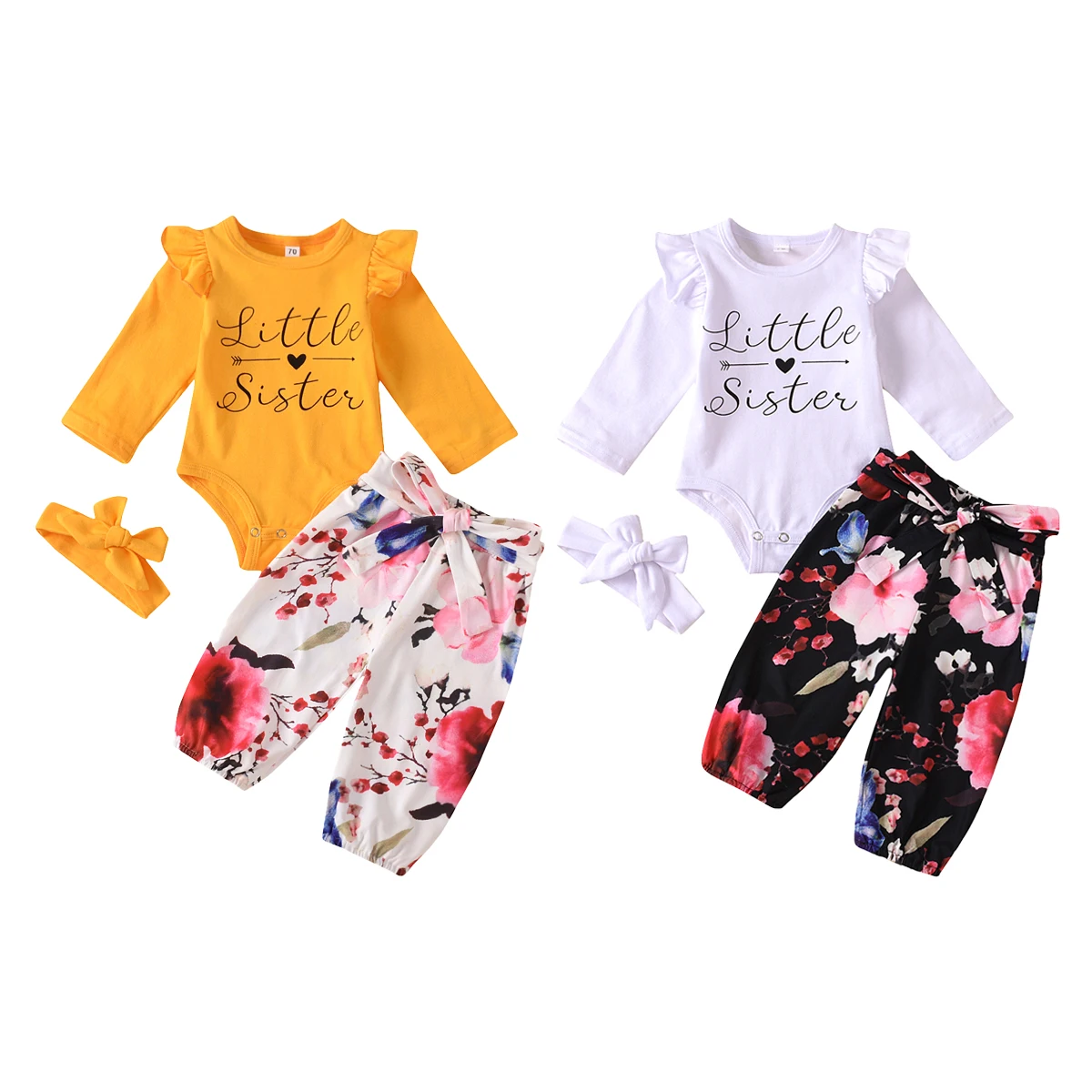 

2020 Fall Spring Newborn Toddler Girls Clothing Set Infant Long Sleeve Little Sister Print Top + Floral Pants + Headband 0-24M