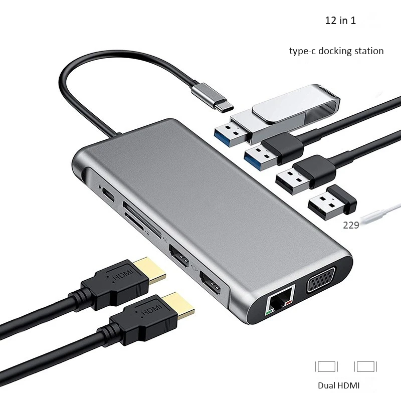 

12 in1 USB C Hub Expansion Docking Station Type-C to 4K HDMI VGA RJ45 USB3.0/2.0*4 Port SD TF Card Reader Display Laptop Dock