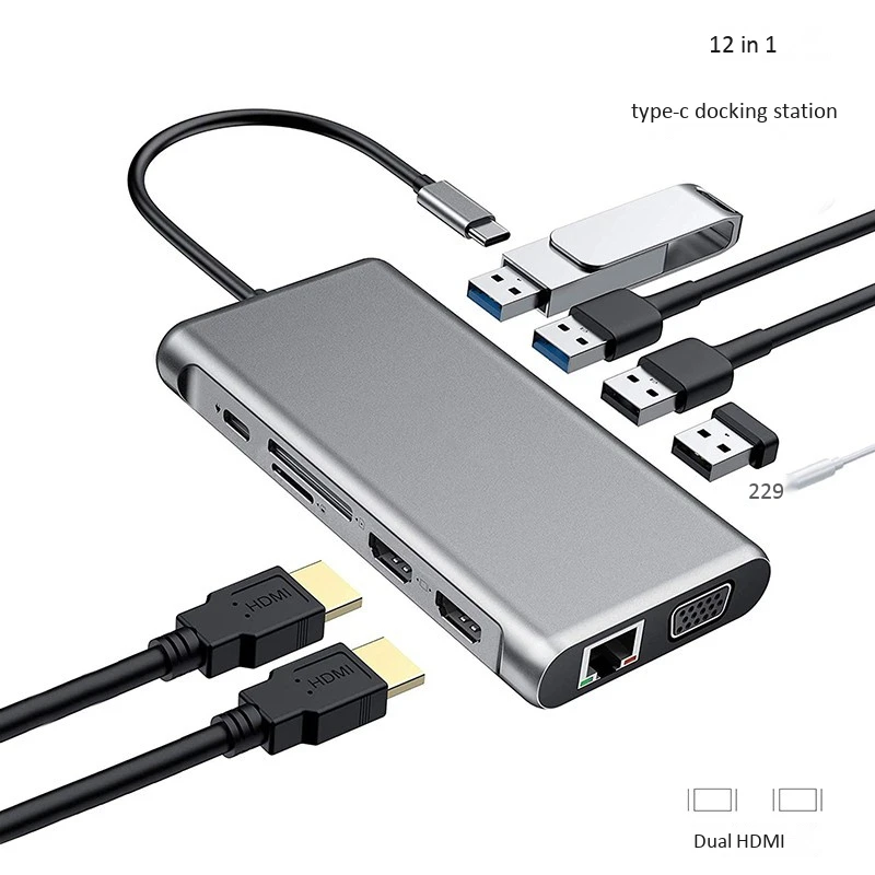 

Док-станция 12 в 1 с портом USB Type-C на 4K HDMI VGA RJ45 USB3.0/2,0*4