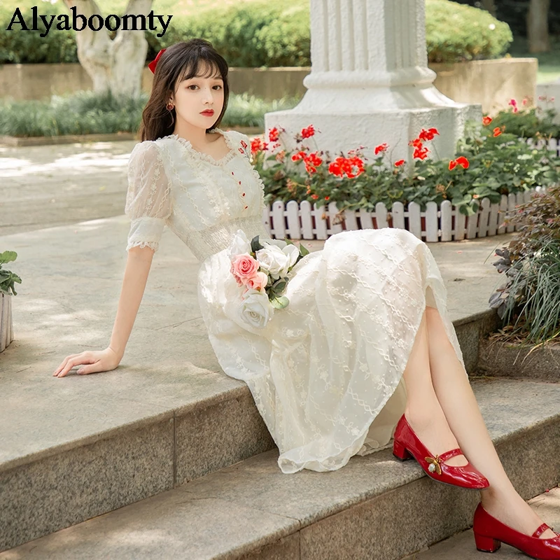 

Summer Women Romantic Fairy Long Dress Square Collar Rose Embroidery Bodycon Dress Elegant Feminine Beige Princess Sweet Dress