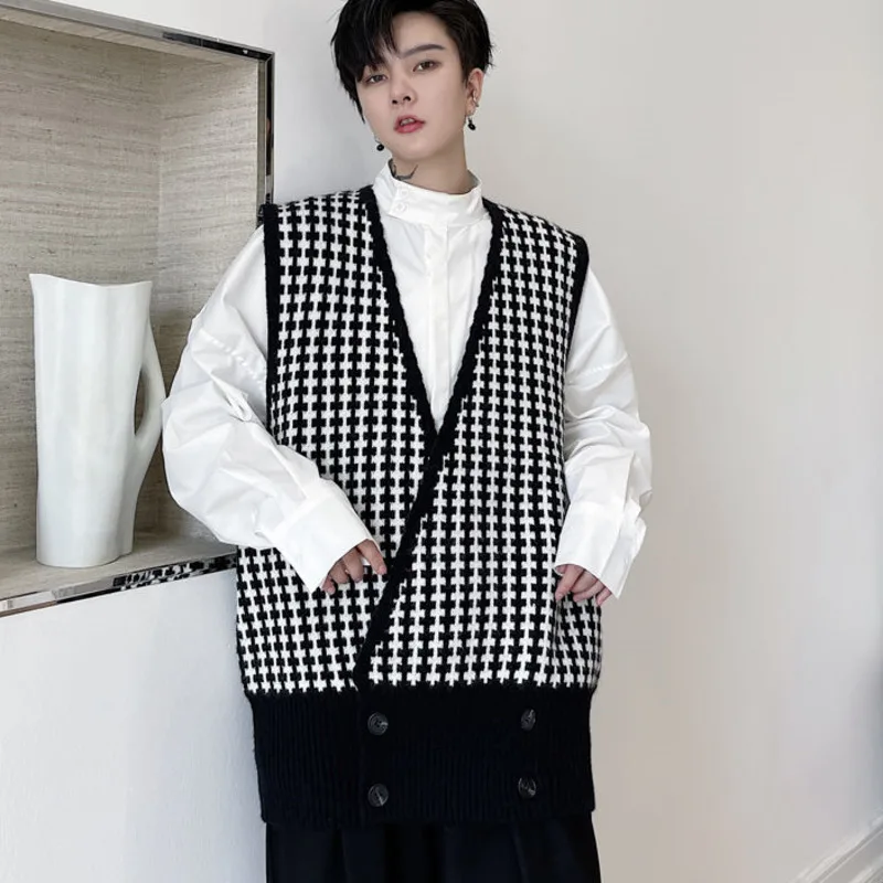 

Geometric Pattern Knitted Vest Men's V-neck Handsome Sweater Vest Korean Trend Streetwear Male Clothing 2021 Fashion New
