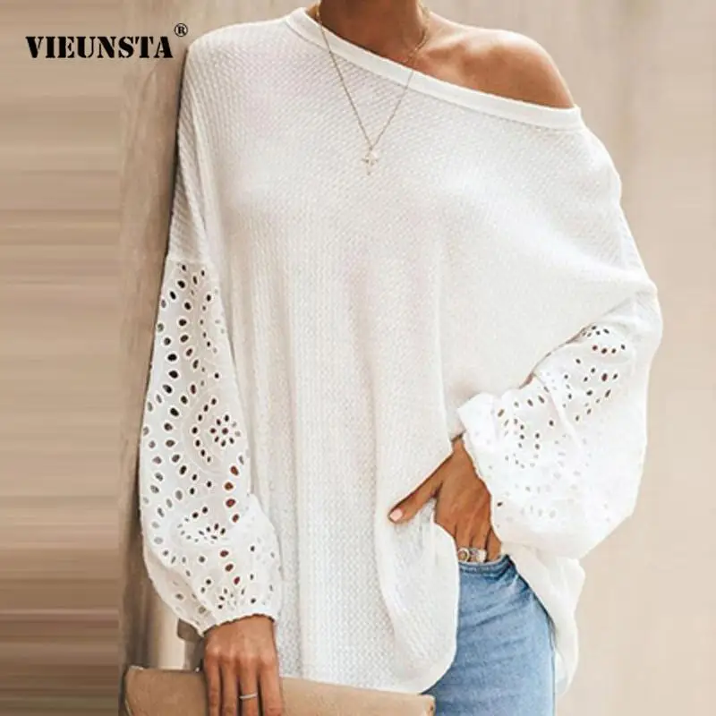 

Женская ажурная блузка с косым воротником, элегантная однотонная офисная блузка с длинным рукавом, Свободный пуловер, осень 2021