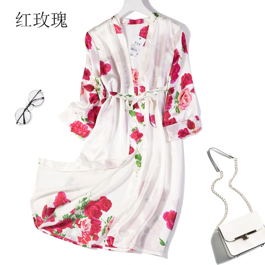 100% чистый шелк женский халат для сна ночная рубашка с поясом один размер