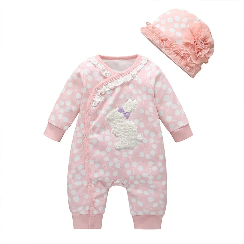 

Spring Autumn Cartoon Kid's Bodysuit Outfits Baby Girl Romper Cotton Long Sleeve Infant Rompers+Hat Toddler Clothes 6-24 Months