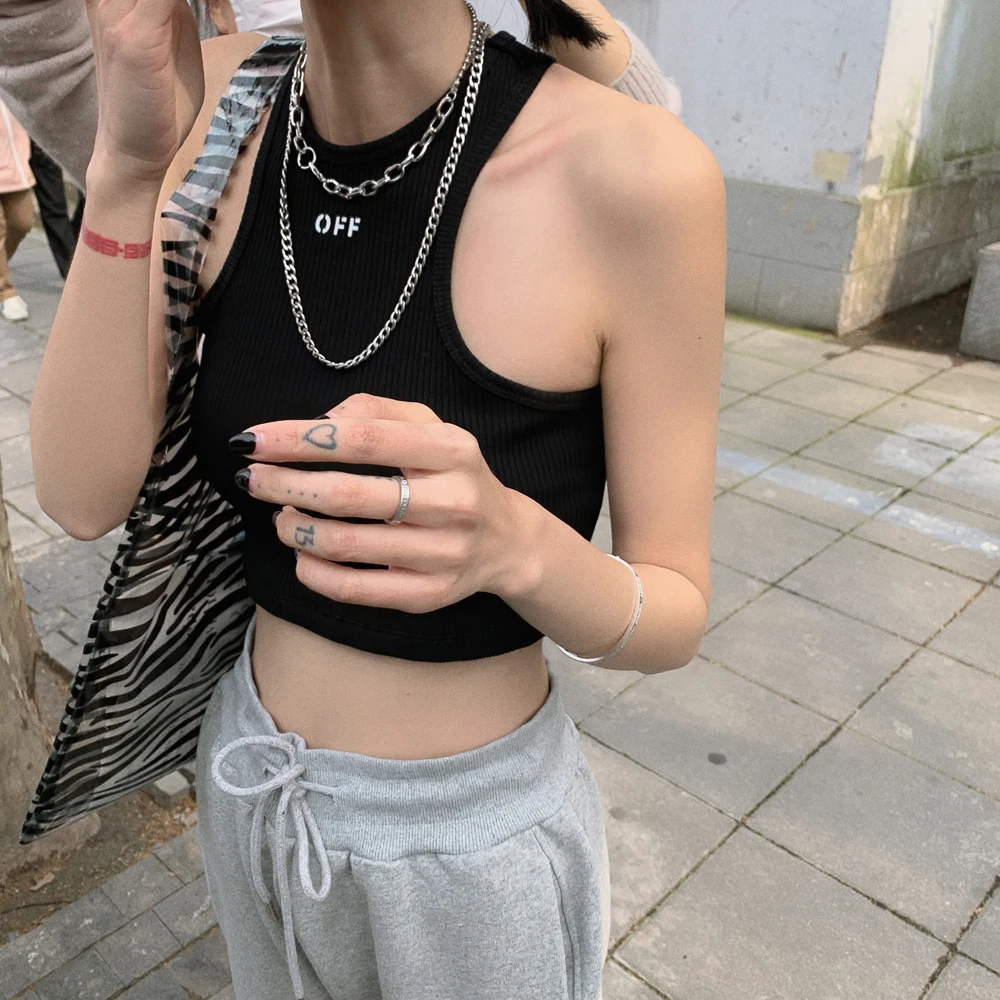 

Real Shot Off Letter Sleeveless Cut Back Slim Fit Short Yaalo Navel Hong Kong Style I-Shaped Bottom Vest Top Women Fashion