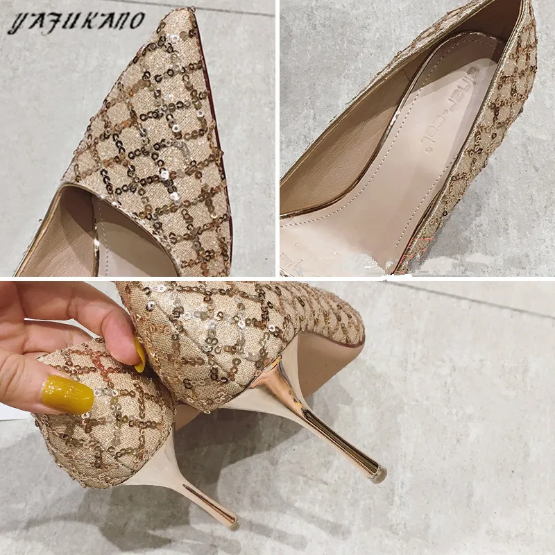 

Elegant Party Wedding Women Pumps Autumn Brand Design Pointed Toe Thin High Heels Shiny Bling Fairy Style Luxurious Lady Shoes
