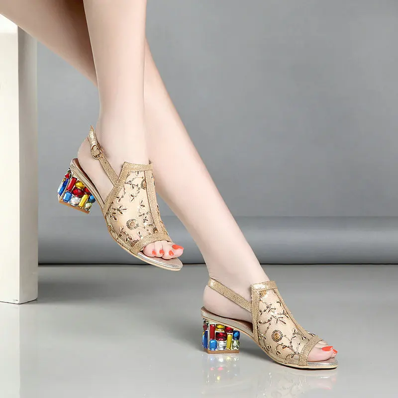 Женские открытые туфли стразы на высоком каблуке сетчатые сандалии 2019 Новая