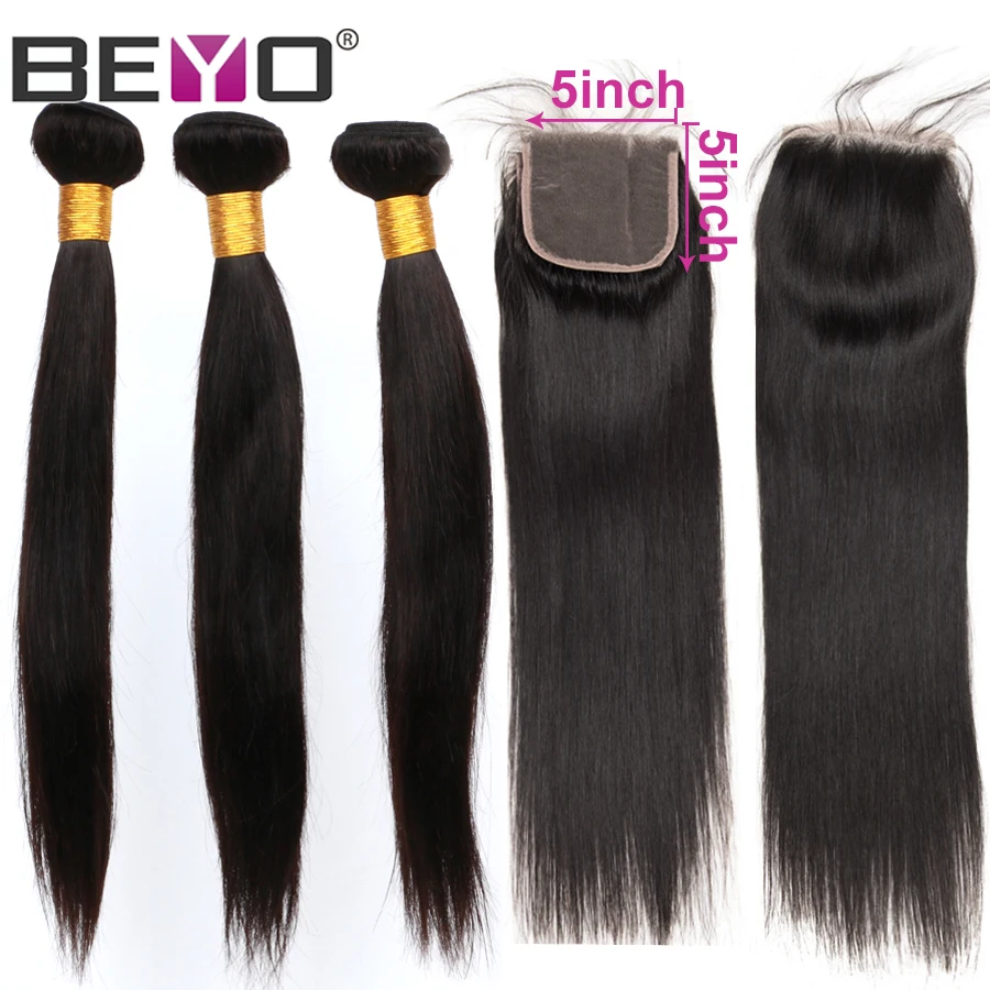 Перуанские прямые волосы пучки с закрытием 3 человеческие 5x5 Кружева Закрытие